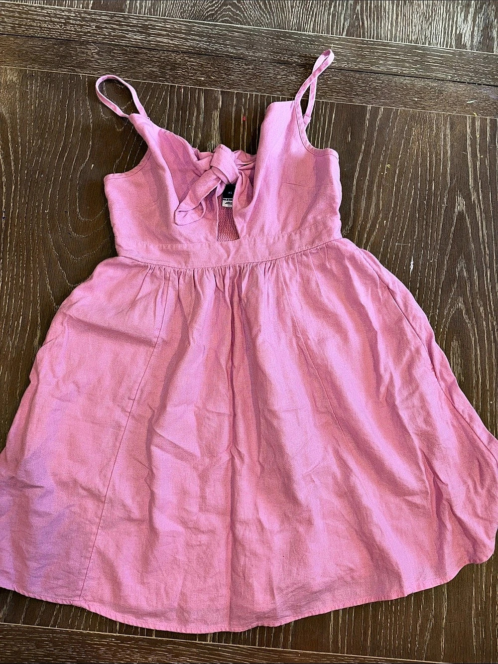 Old Navy Fit & Flare Tie-Front Smocked Linen-Blend Mini Cami Dress Pink Dress